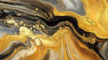 Abstract swirls of black, gold, and gray create a mesmerizing visual effect on a textured background. photo