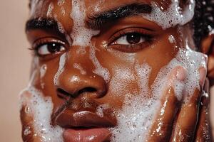 Close-up of a person washing their face, bubbles and foam gently surrounding their skin. photo