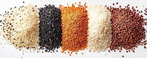 Variety of colorful grains and seeds arranged in lines on a white background. photo