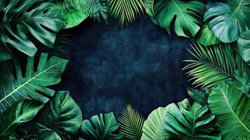 Lush green leaves frame a dark textured background, creating a serene and natural ambiance. photo