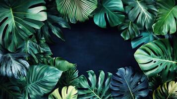 Lush green leaves arranged in a frame, with a dark background creating a natural and elegant aesthetic. photo