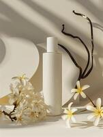 Minimalist beauty product display with flowers and branches on a soft background. photo