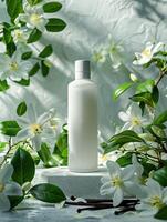 A sleek cosmetic bottle surrounded by fragrant white flowers and green leaves on a marble surface. photo