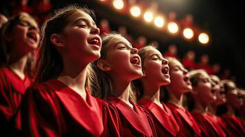Choir performance with young girls singing passionately on stage under bright lights. photo