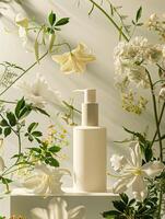 Elegant white lotion bottle surrounded by delicate flowers on neutral background. photo