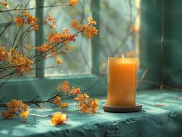 A serene candlelit setting with vibrant yellow flowers by the window, creating a peaceful ambiance. photo