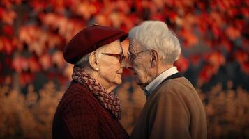 Elderly couple sharing an intimate moment in a vibrant autumn setting with colorful leaves. photo