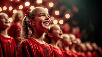 Joyful girl singing with a choir, bright stage lights enhance the festive atmosphere. photo