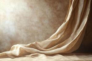 Soft, flowing fabric drapes elegantly against a textured background, creating a serene and artistic ambiance. photo