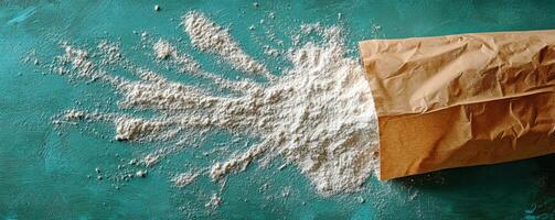 Brown paper bag spilling flour on a teal surface, isolated background. photo