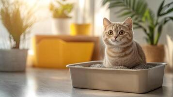 Cute tabby cat sitting in a litter box in a brightly lit room with plants. photo