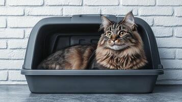 Maine cat relaxing in a modern litter box on a stylish brick background. photo