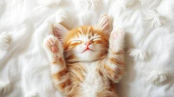 Cute orange kitten sleeping peacefully on soft white blanket. photo