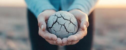 Hands holding a cracked earth globe, symbolizing environmental issues and climate change. photo