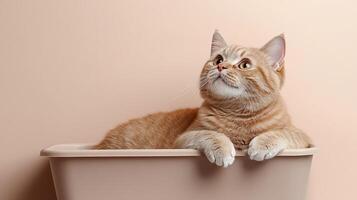 Curious orange tabby cat sitting in a tub, gazing upward with a thoughtful expression. photo