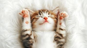 Cute kitten sleeping on a fluffy white blanket with paws stretched out, serene and peaceful expression. photo