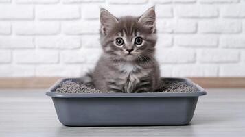 Cute gray kitten sitting in a litter box, looking curiously at the camera, white background. photo