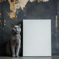 Grey cat sitting beside a blank canvas, rustic background with peeling paint, artistic atmosphere. photo
