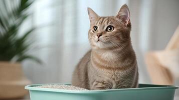Curious cat sitting in a litter box, indoor setting with soft lighting. photo