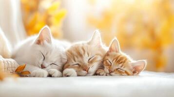 Three cute cats sleeping peacefully on a soft surface with warm, golden light surrounding them. photo