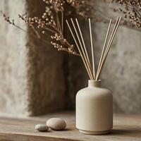 Neutral colored vase with reed diffusers and decorative stones, set on natural wooden surface. photo