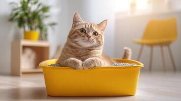 An adorable cat lounging in a bright yellow litter box in a modern, cozy indoor setting. photo