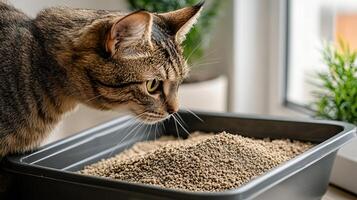 Curious cat looking at litter box, white isolate background. photo