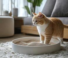 A curious orange cat exploring its modern litter box in a cozy living room, surrounded by soft textures. photo