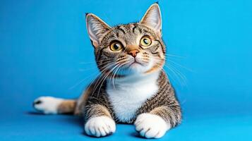 Adorable tabby cat lying on a blue background, showcasing bright eyes and playful demeanor. photo