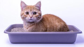 A cute ginger cat sitting in a litter box against a white background. photo