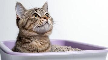 A playful tabby cat sitting in a litter box, looking up curiously against a white background. photo