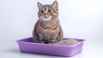 A cute tabby cat sitting in a purple litter box on a white background. photo