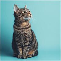 A curious tabby cat looking up, with green eyes and striped fur against a teal background. photo