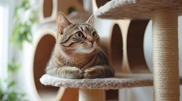A tabby cat resting on a cat tree, gazing curiously, surrounded by a cozy indoor environment. photo