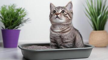 A curious cat sitting in a litter box with houseplants in a modern interior setting. photo