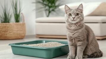 A curious gray cat sitting next to its litter box in a cozy home environment with indoor plants. photo