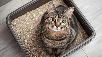 Curious cat sitting in litter box, looking up with large green eyes. photo