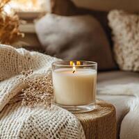 A cozy scene featuring a burning candle on a textured blanket, exuding warmth and tranquility. photo