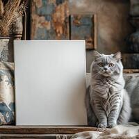 Fluffy gray cat sitting beside a blank canvas on a rustic table. photo