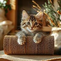 Adorable kitten relaxing on a scratching post, surrounded by natural light and cozy home decor. photo
