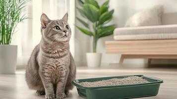 A curious cat sitting beside a litter box in a cozy living room, surrounded by plants and natural light. photo