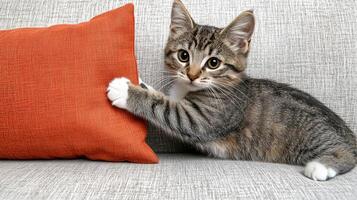 Cute tabby kitten playing with an orange pillow on a cozy couch. photo