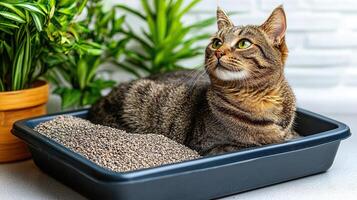 A relaxed tabby cat resting in a litter box surrounded by green plants. photo