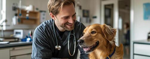 Vet smiling while examining a dog in a bright, clean clinic, highlighting the trust and connection between animals and their caregivers photo