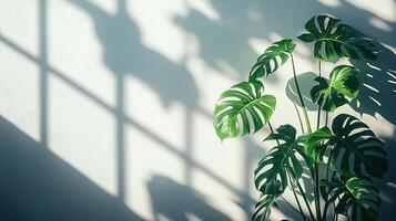 Minimalist composition featuring a Monstera plant casting intricate shadows on a white wall, evoking a sense of tranquility and natural beauty photo