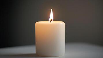 Minimalist composition featuring a white candle burning softly, with a simple white background, a study in serenity and simplicity photo