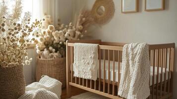 Minimalist nursery with a wooden crib, soft blankets, and abundant natural light, creating a serene and peaceful atmosphere photo