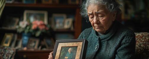 Sad elderly woman sitting alone in a room filled with memories, holding a framed picture, eyes closed in sorrow, alone and reflective photo