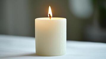 Minimalist composition featuring a white candle burning softly, with a simple white background, a study in serenity and simplicity photo