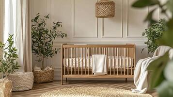 Minimalist nursery with a wooden crib, soft blankets, and abundant natural light, creating a serene and peaceful atmosphere photo